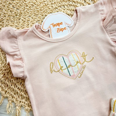 Conj. Blusa Heart e Short Saia em Linho Listrado - Rose e Areia Conj. Blusa Heart e Short Saia em Linho Listrado - Rose e Areia